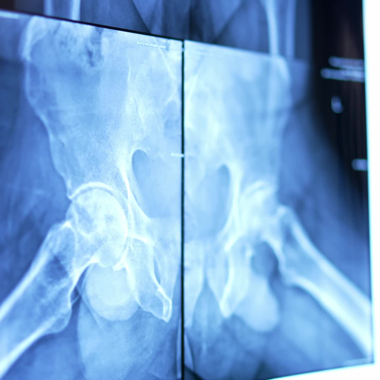X-ray scan of the pelvic bones. Shot hanging on the screen at surgical room. Close up