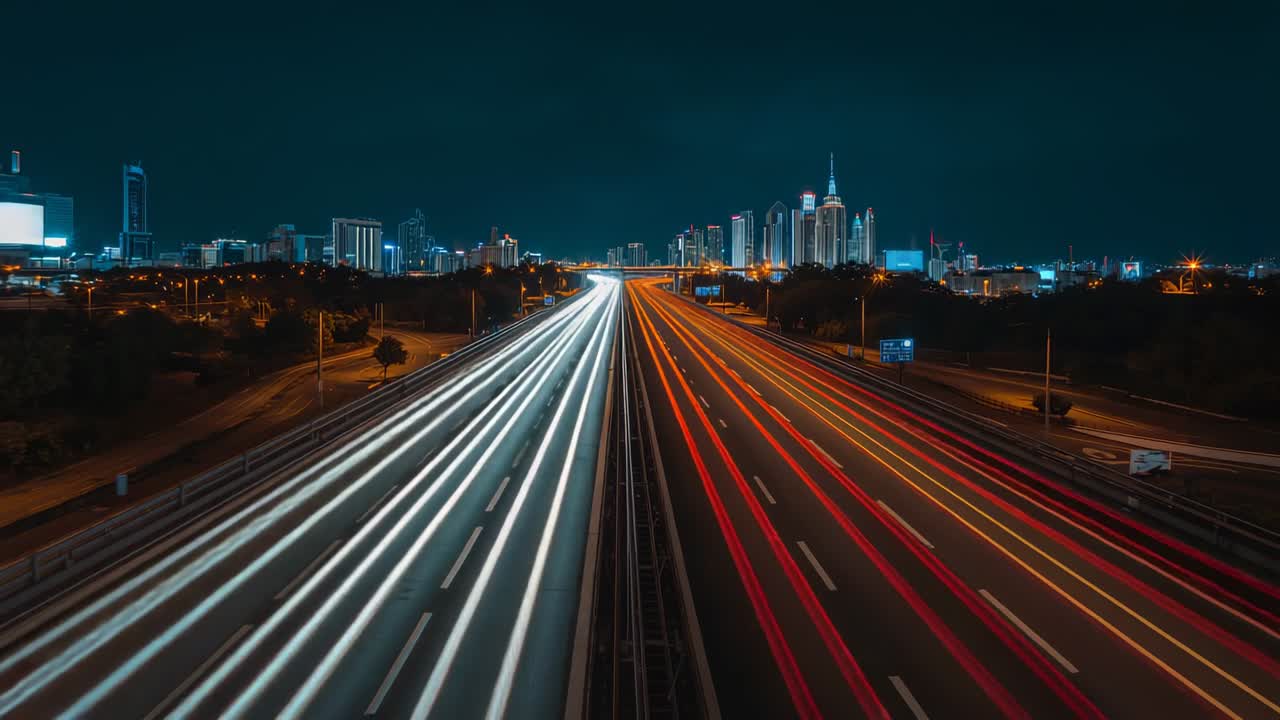 Streaming vehicle light trails racing along elevated highway at night, with distant skyscrapers