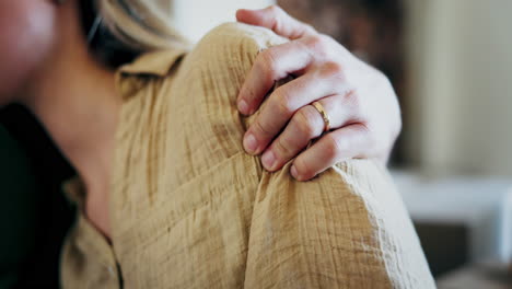 hands, love and couple hug in a living room