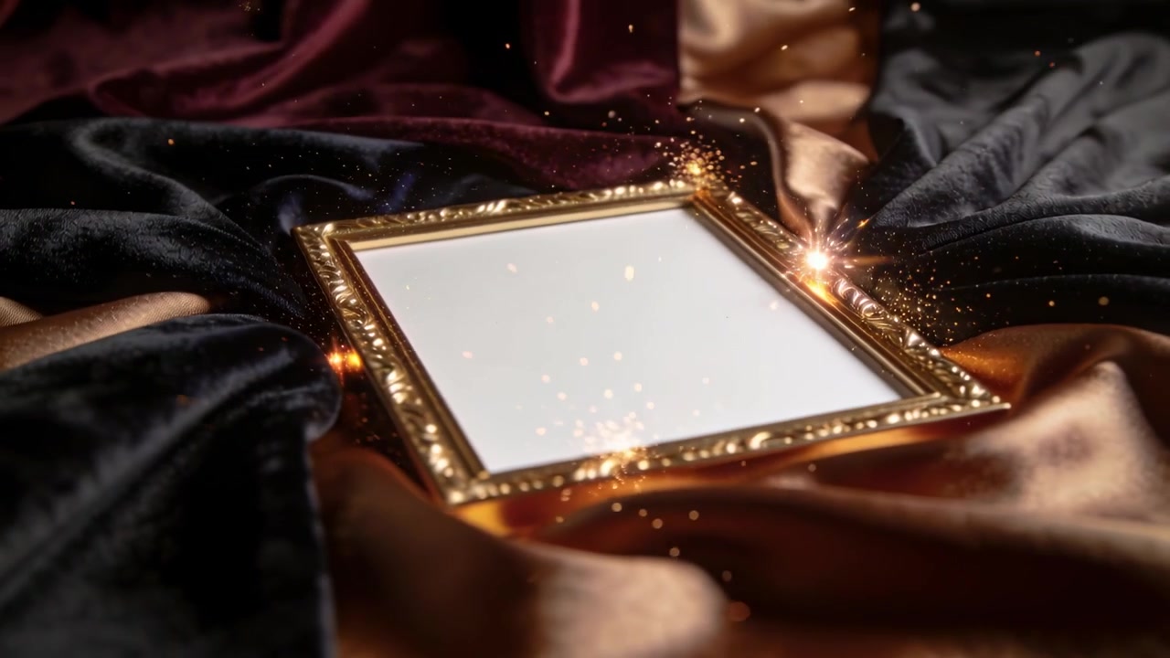 Sparkling ornate gold frame lying on studio table, showing blank insert and reflecting warm light