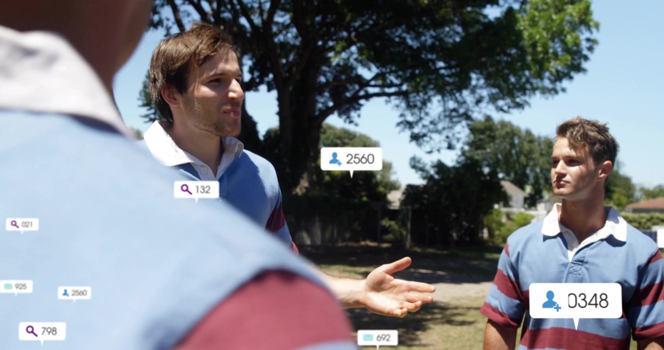 Left speaker starting conversation on sports field, gesturing causing user-count badges multiplying