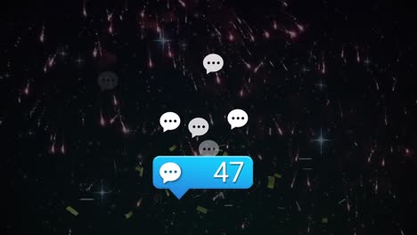 animación de icono de los medios y confeti sobre fondo negro