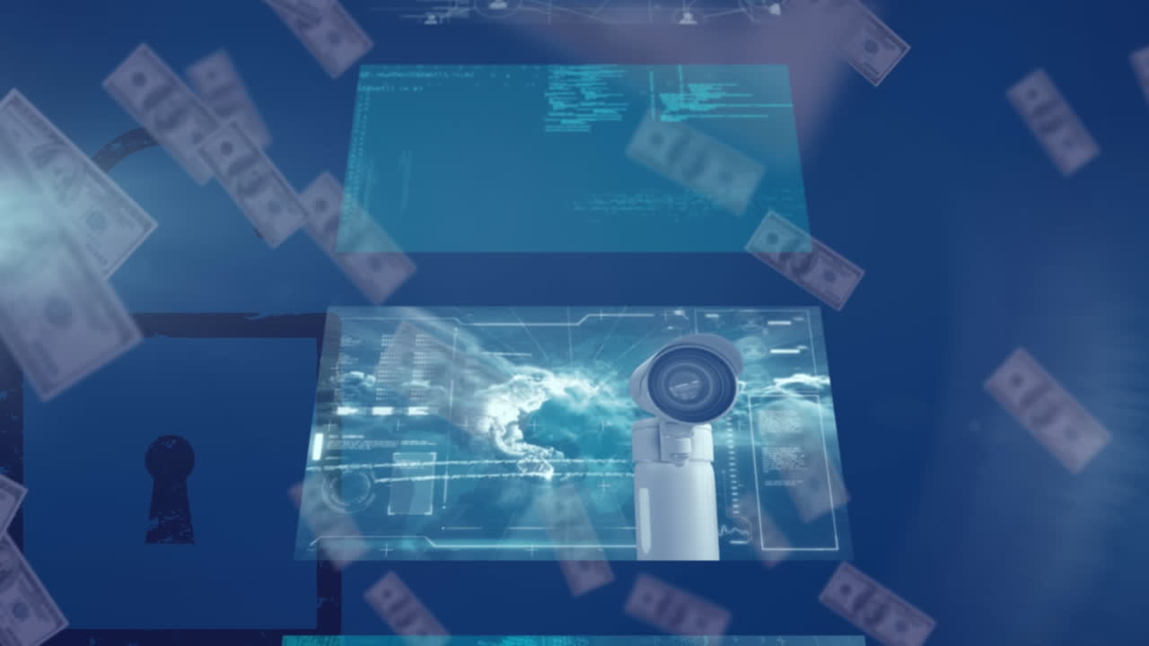 анимация обработки данных на экране над американскими долларовыми купюрами и замком на синем фоне