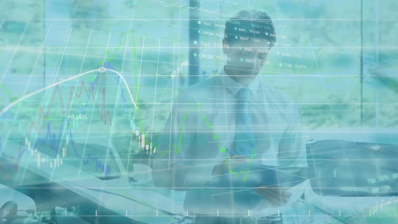 Animation of financial data processing over caucasian businessman