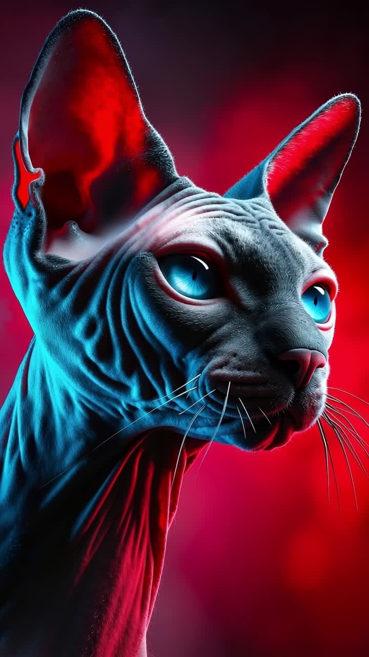 Un gato con ojos azules y fondo rojo