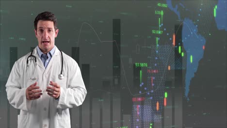 animación de registro de estadísticas sobre el retrato de un médico masculino hablando