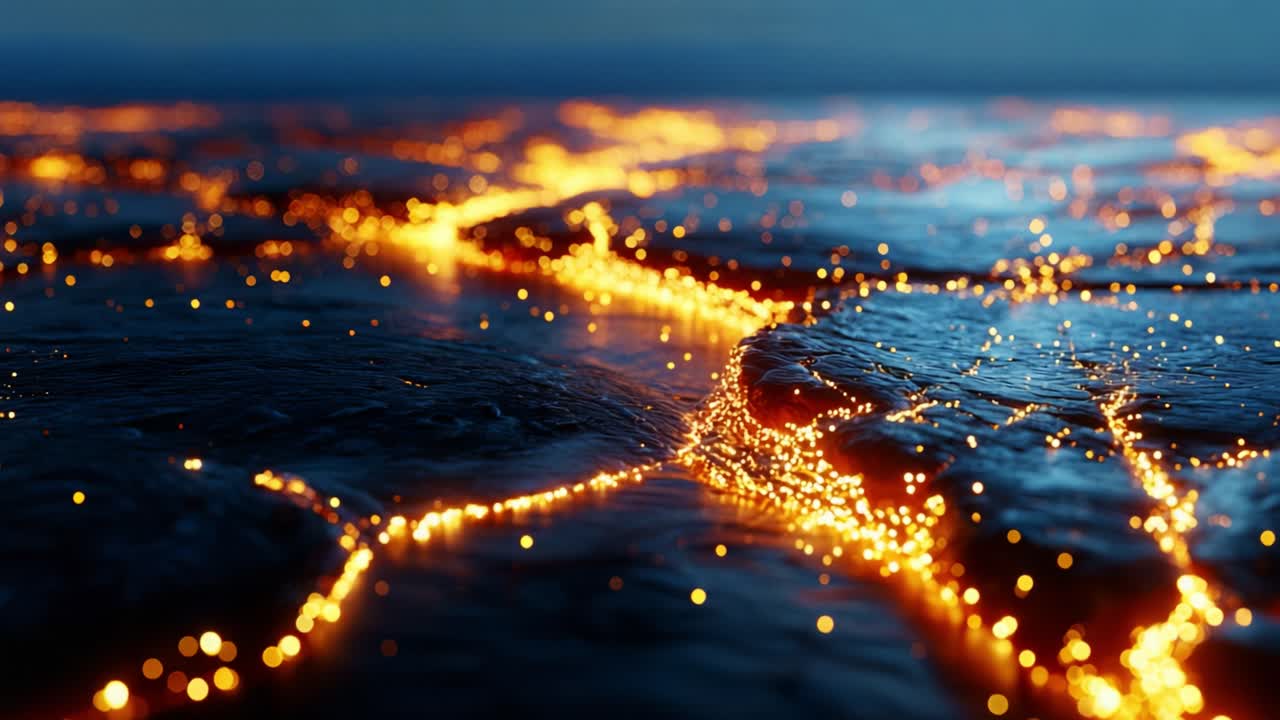 A mesmerizing view of molten lava flowing across the rocky surface at dusk, with vibrant orange and yellow colors illuminating the dark landscape dynamically reflecting natural forces