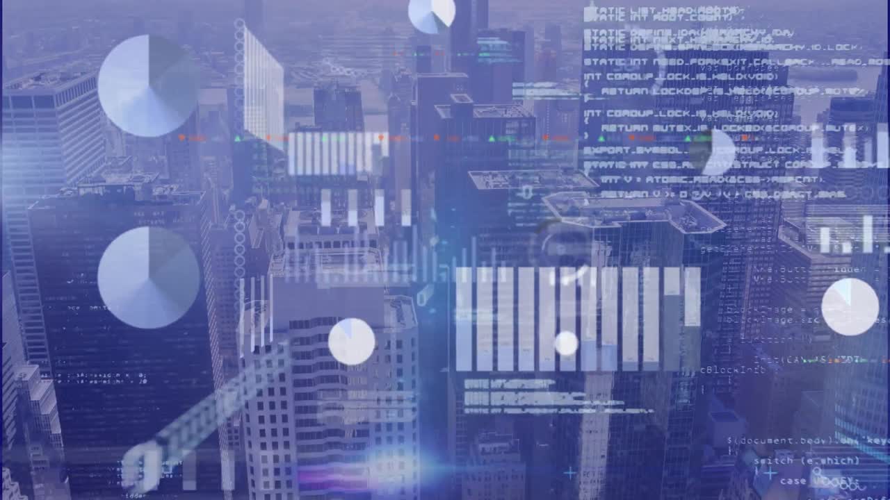 Animation of binary codes, computer language and graphs over aerial view of modern city