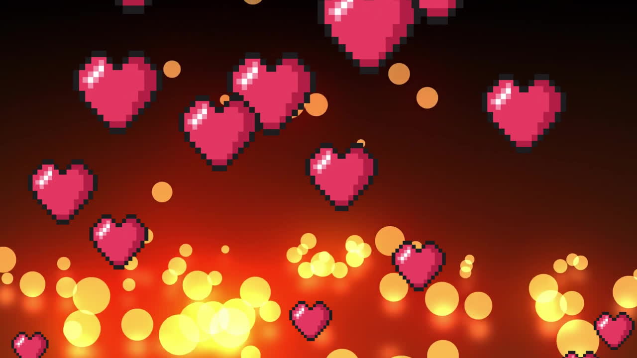 Pixelated hearts animating over glowing bokeh lights background