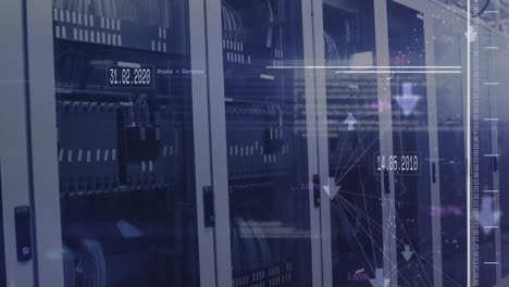 animación del procesamiento de datos y puntos de luz contra la sala de servidores de computadoras