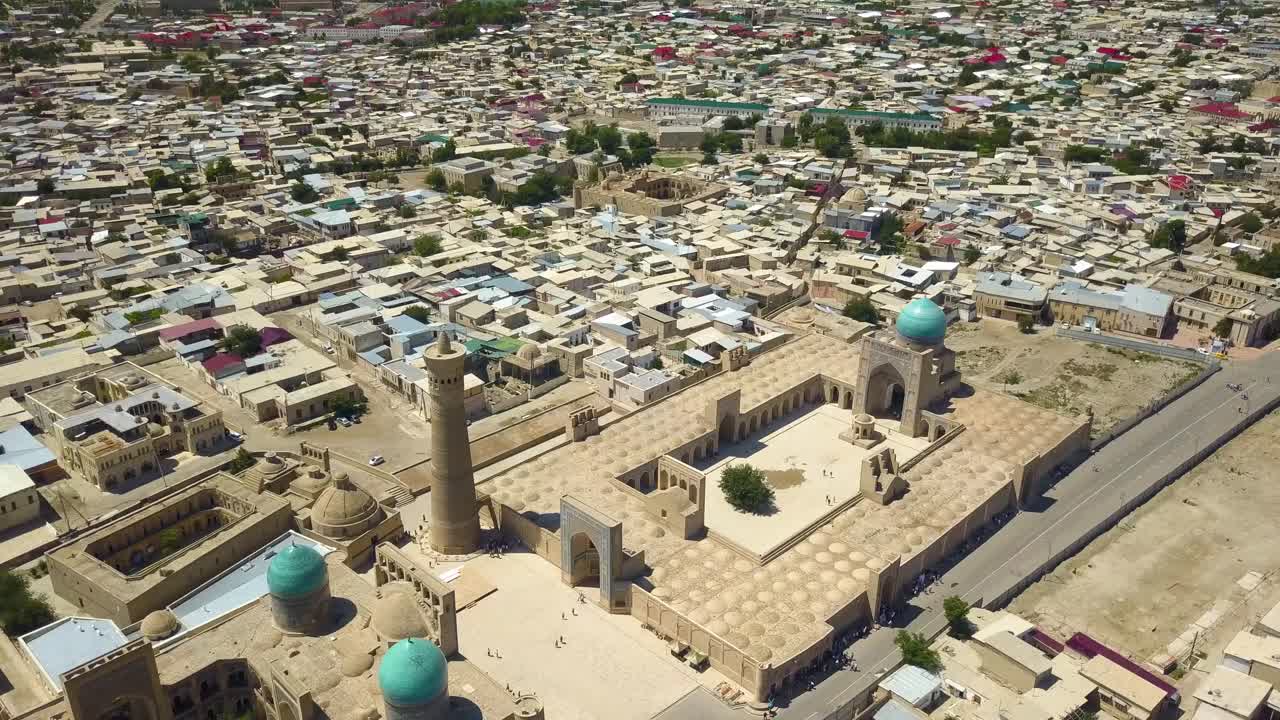 Drone shot one of the largest congregational mosque in Central Asia, Poi Kalyan Mosque in Bukhara, Uzbekistan