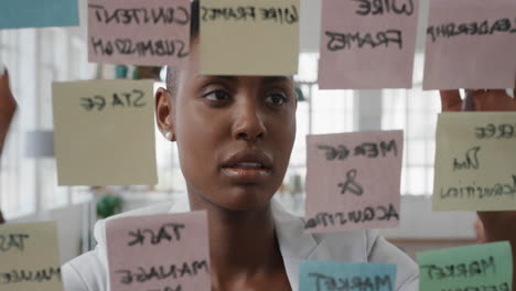 african-american-business-woman-using-sticky-notes--brainstorming-ideas-problem-solving-with-creative-mind-map-planning-strategy-in-office-working-on-solution