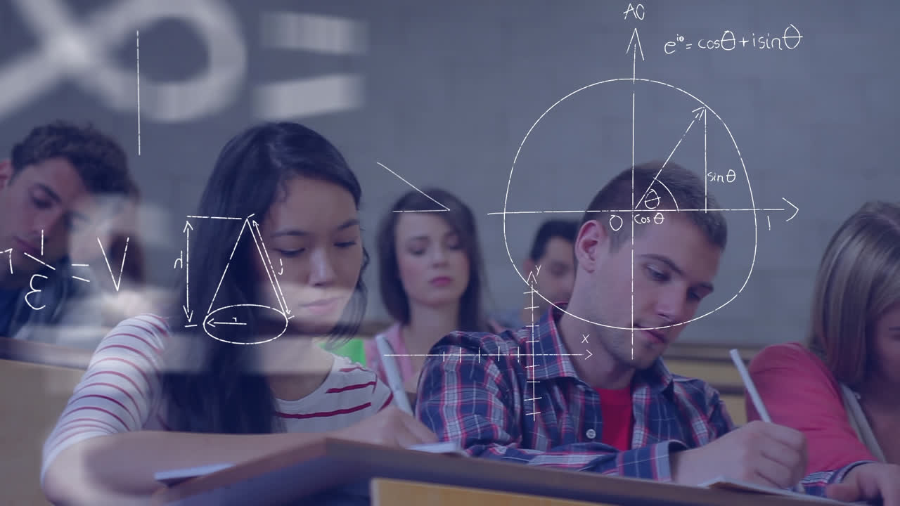 estudiantes que estudian en una sala de conferencias y ecuaciones matemáticas
