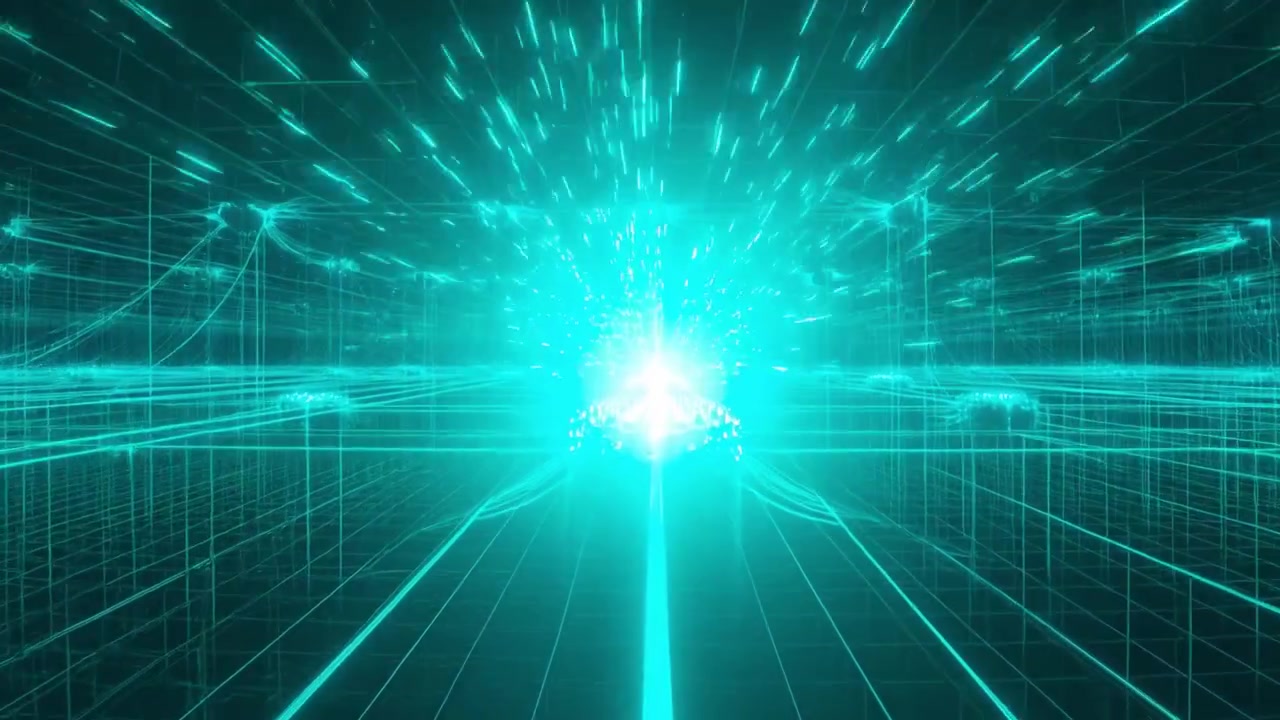 Futuristic Digital Network Grid with Glowing Data Flow