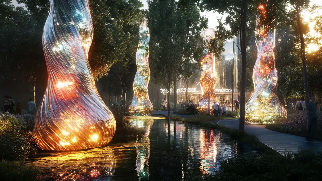 Modern Park with Illuminated Sculptures