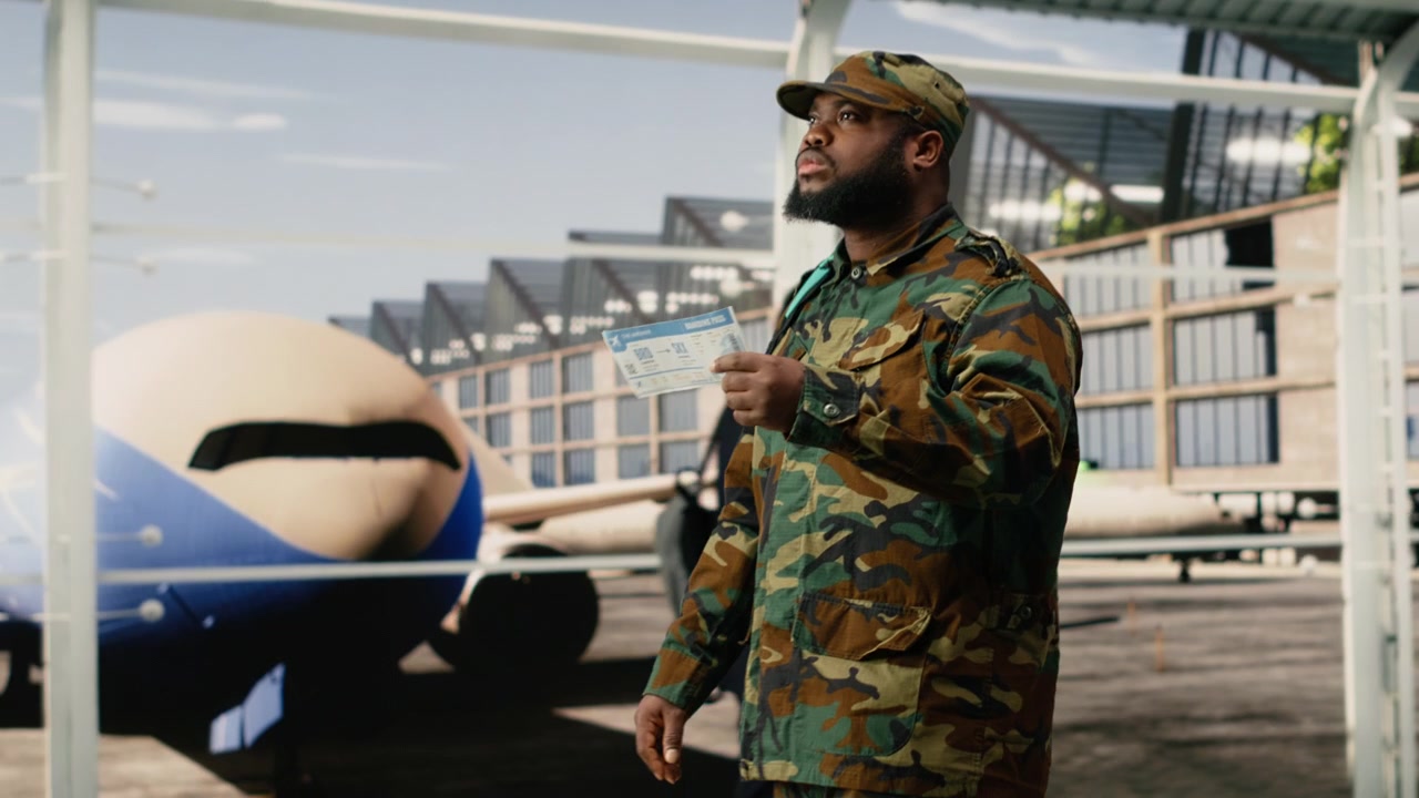 Uomo di ritorno dal servizio militare attraversa il terminal dell'aeroporto con uno zaino.