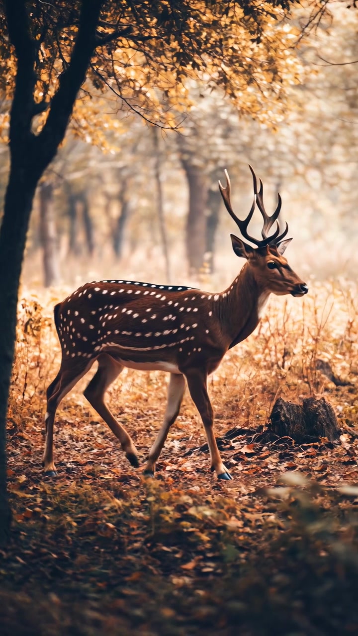Spotted Deer Walking Through an Autumn Forest