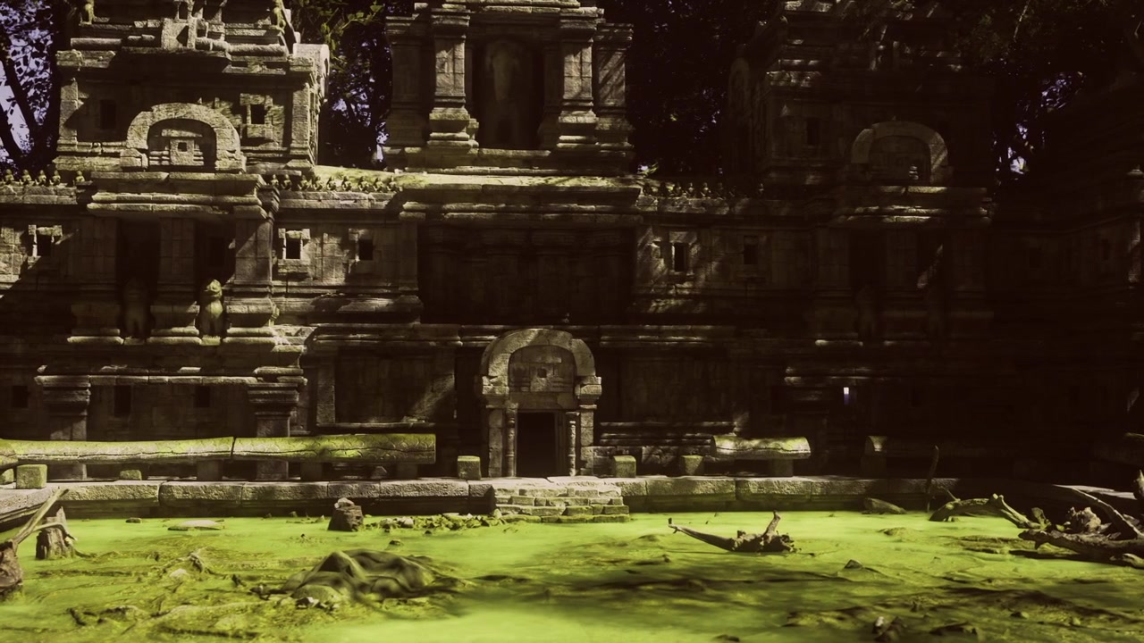 Serene and shadowy temple entrance with reflective water and aged carvings