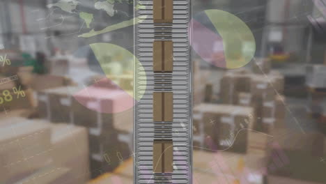 statistical data processing against overhead view of multiple delivery boxes on conveyor belt