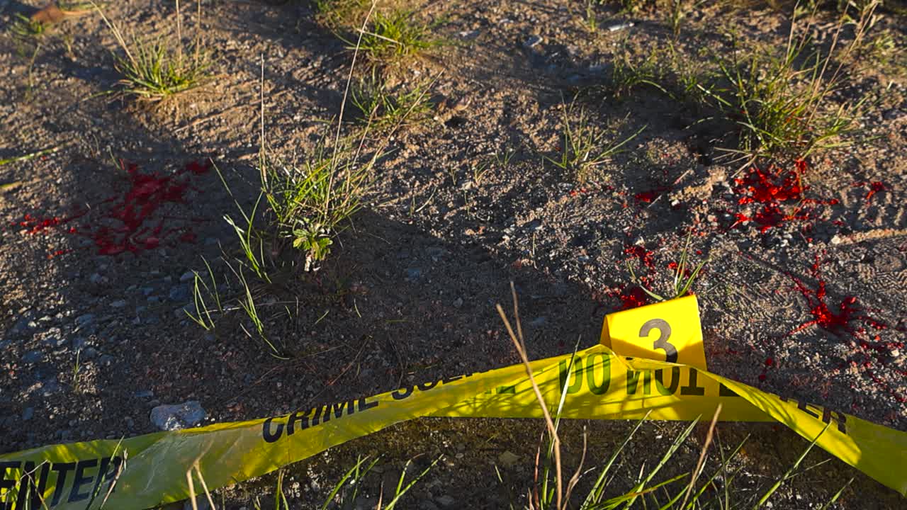 Downward tracking view glides over scattered blood spatter on sandy ground with blades of grass. Numbered evidence marker placed next to red stains. Crime scene tape lies fallen crumpled on ground