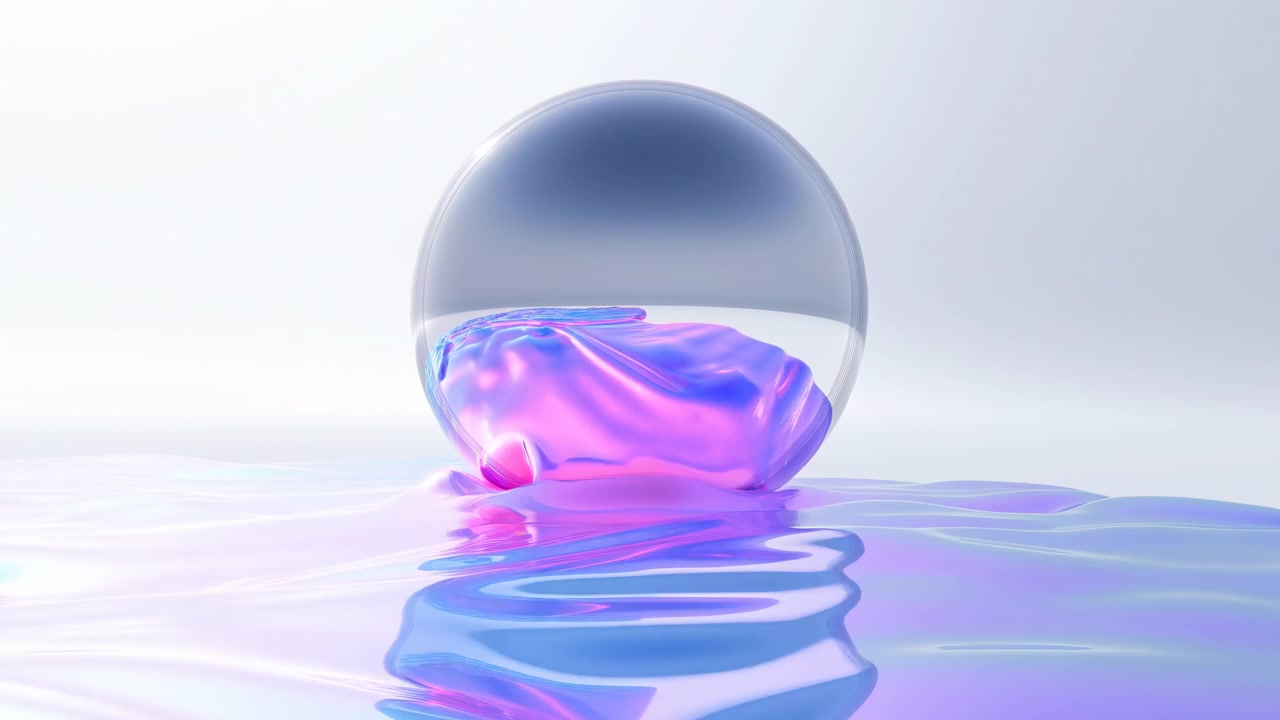 Transparent glass sphere resting on matte stone releases viscous iridescent liquid across smooth studio surface, forming glossy pool with layered ripples, mirror reflections, shimmering color, and