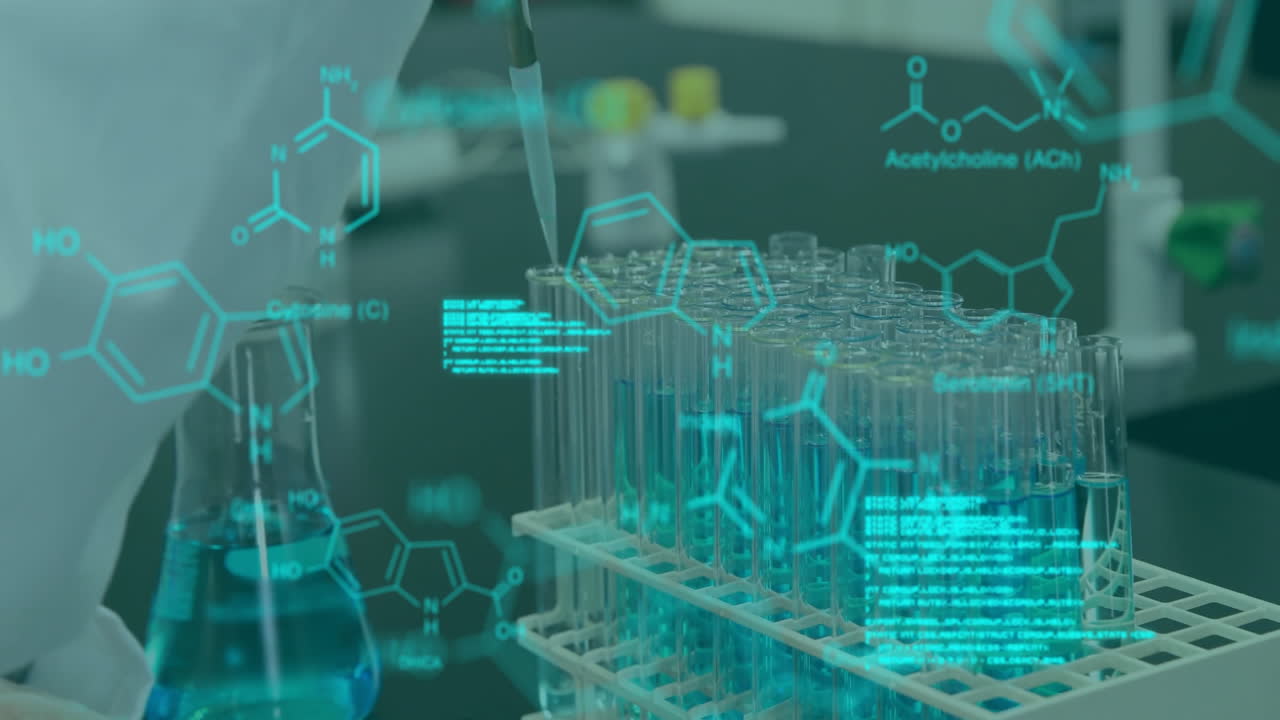 Animation of data processing and chemical formula over caucasian scientist doing experiment in lab
