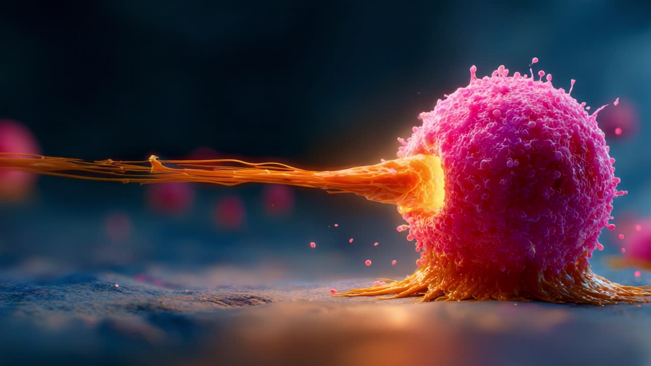 Dynamic Cellular Interaction: A Microscopic View of a Strikingly Vibrant Pink Cell Engaging in a High-Energy Response, Showcasing Unprecedented Biological Activity and Energy Transfer
