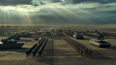 vast military formation of soldiers and tanks in a desert landscape