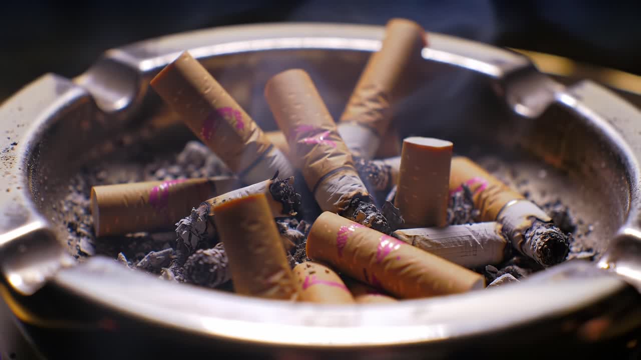An Ashtray Filled with Burning Cigarettes: Captivating Frames Showcasing the Gradual Extinguishing of Cigarettes in a Smoky Atmosphere