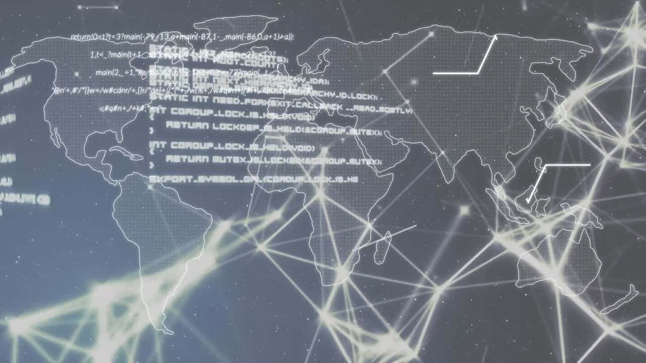 세계 지도를 가로지르는 연결 네트워크의 애니메이션