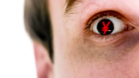 man with yen symbol in his eye in slow motion