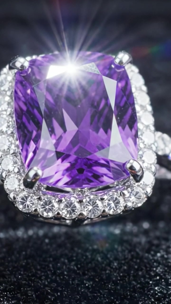 Fantastisk nærbilde av en luksuriøs lilla ametystring omgitt av glitrende diamanter, som viser dens strålende skjønnhet og intrikate design