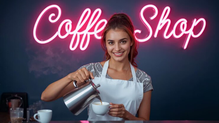 Barista in grembiule versa da una teiera in acciaio inox e serve una tazza dopo aver ricevuto un ordine al bancone di una caffetteria