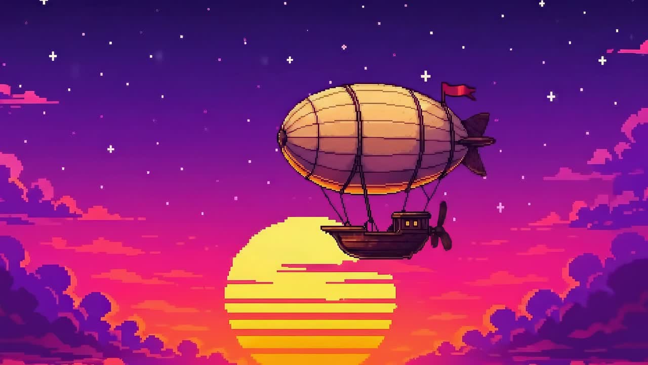 Cena de vídeo em pixel art de um dirigível ao pôr do sol, visto de um ângulo baixo, capturando uma vibe retrô.