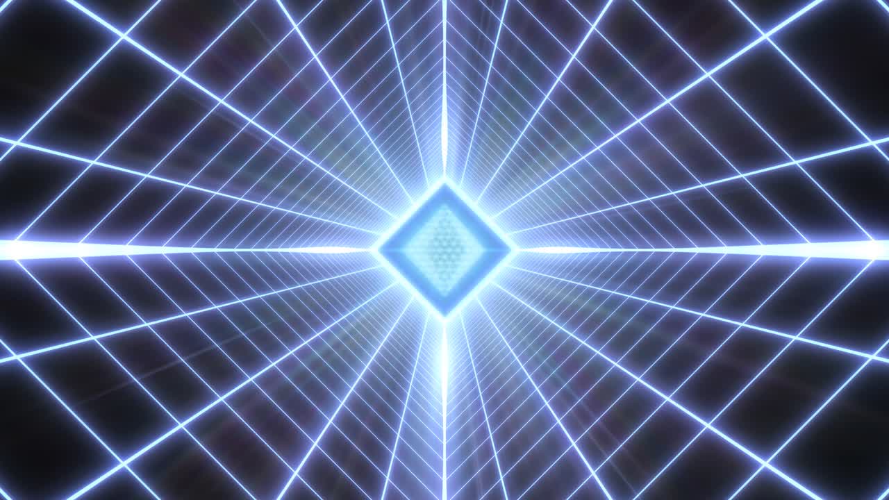 Synthwave Neon Laser Grid Tunnel and Retro 80s Wireframe Octahedron - 4K Seamless Loop Motion Background Animation