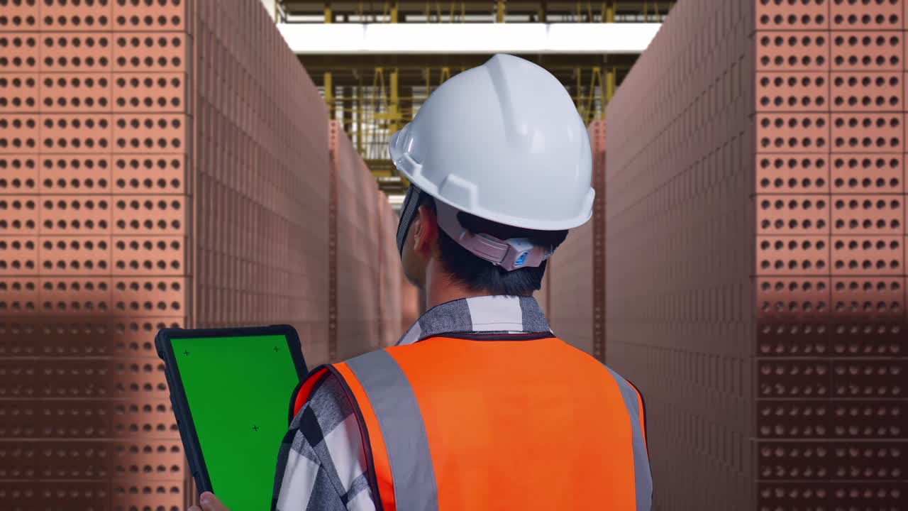 Close Up Back View Of Asian Male Engineer With Safety Helmet Working On A Green Screen Tablet And Looking Around While Standing With Red Brick Packed in Stacks Are Stored