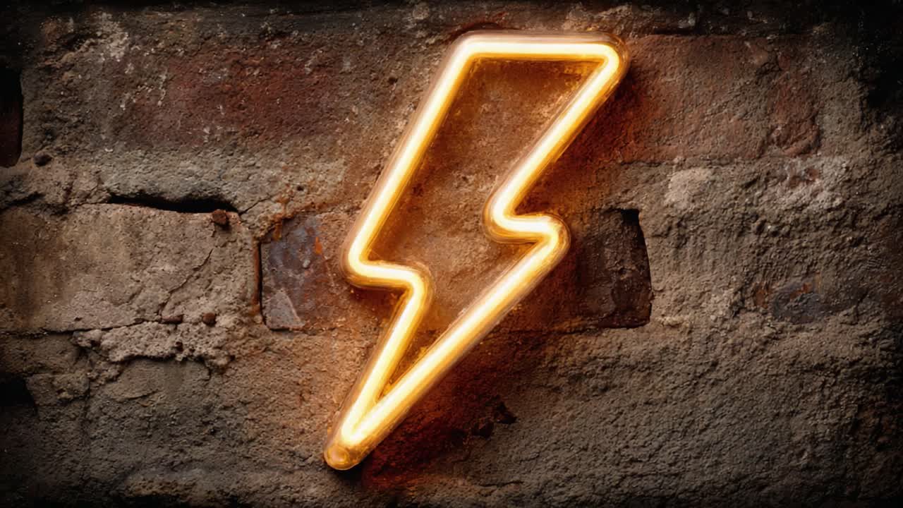 A striking neon lightning bolt illuminated against a textured brick background, creating an energetic and vibrant visual statement for any creative space or environment