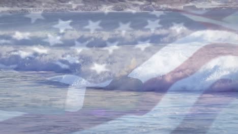 animación de la bandera de ee.uu. soplando sobre las olas en el mar