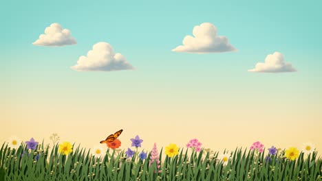 vibrant animated landscape with a bright rainbow, sunny sky, and cheerful flowers. perfect for children's content, positive themes, or magical storytelling.