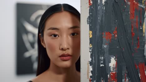 a contemplative artist peers from behind a canvas, blending abstract expressionism with emotional depth in a modern art gallery setting