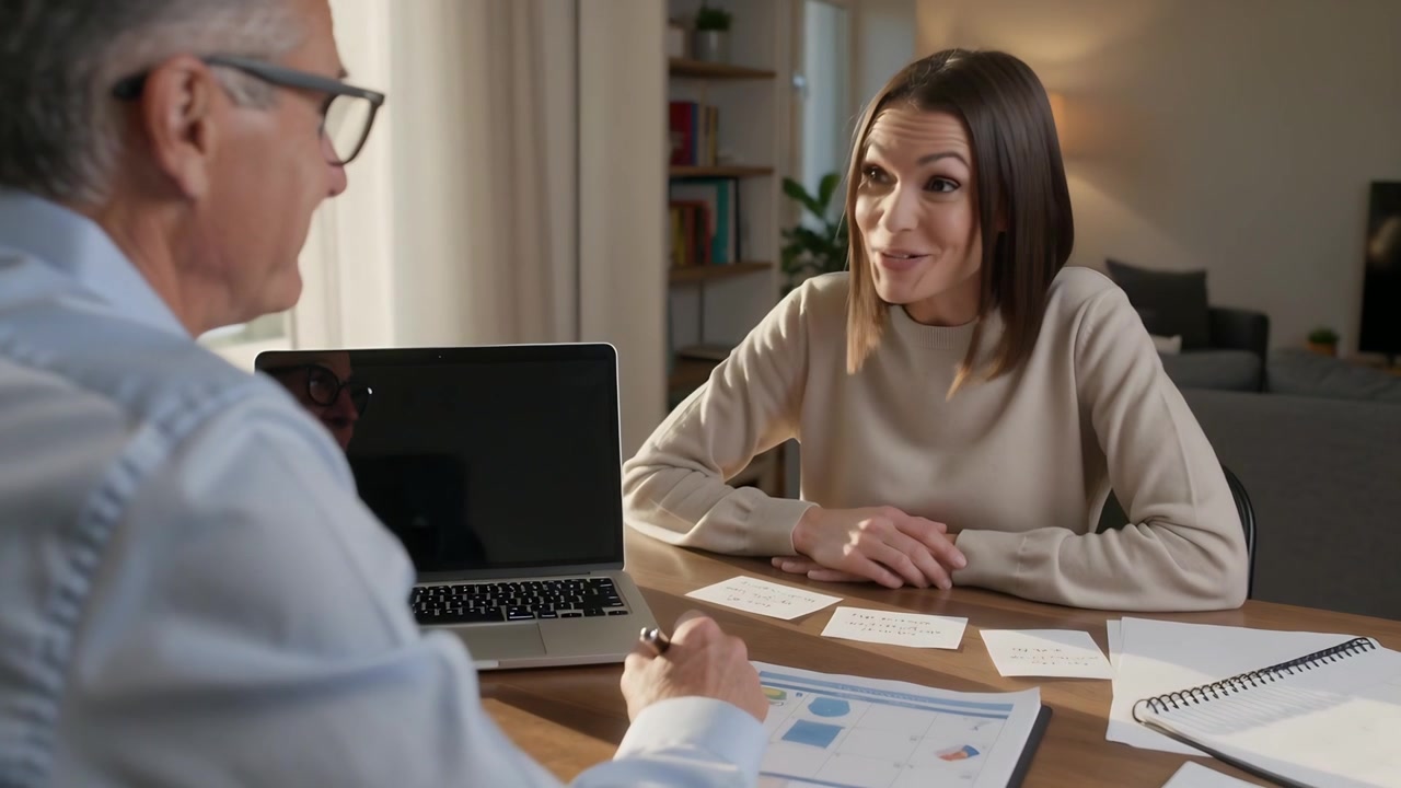 Uomo in camicia blu che indica e spiega grafici a un cliente su un tavolo in un home office, con una donna che annuisce.
