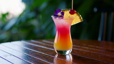 vibrant tropical cocktail on a wooden table
