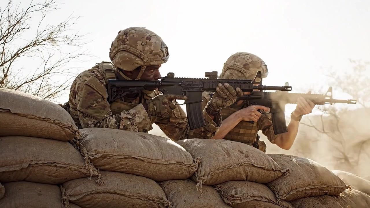 Addestramento militare sul campo: soldati impegnati in procedure di combattimento dietro sacchi di sabbia con armi pronte all'azione durante un'esercitazione in terreno desertico.