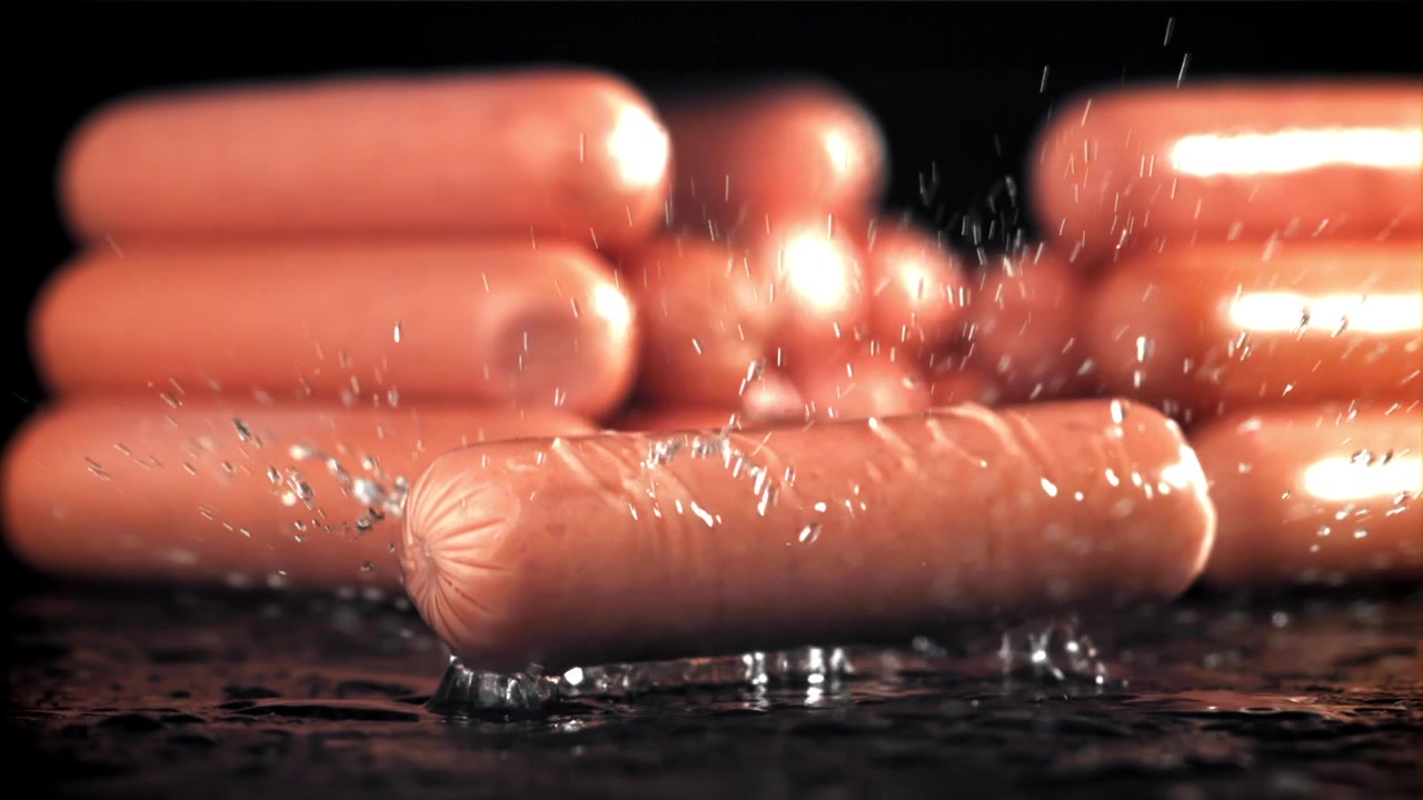 Salsiccia cruda che cade su una superficie bagnata con schizzi d'acqua.