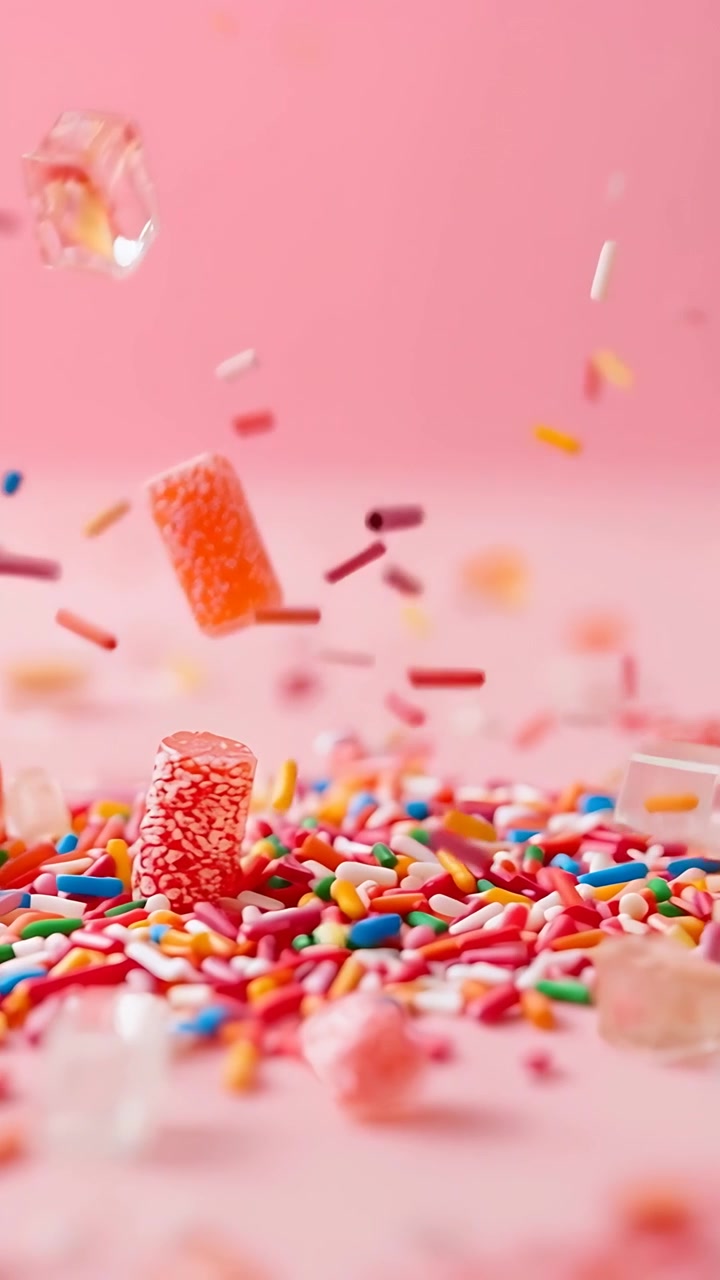 Verticale video: Roze gummy en sprinkles vallen op roze tafelblad, met doorschijnende kubussen.