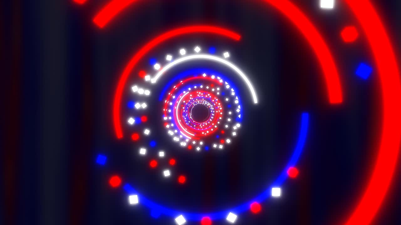 Volo attraverso un tunnel astratto luminoso rosso, bianco e blu del Quattro Luglio - Animazione di sfondo in movimento con loop continuo 4K