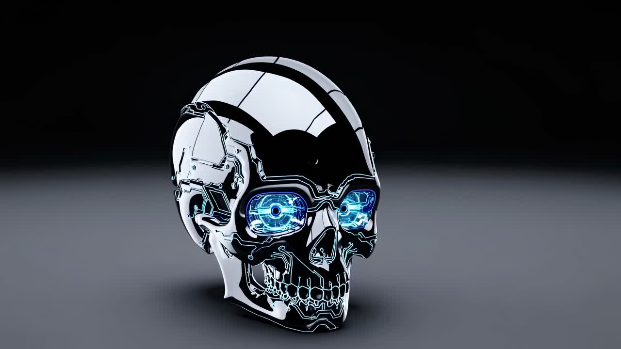 Futuristic chrome skull with glowing blue eyes, captured at eye level