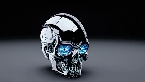 futuristic chrome skull with glowing blue eyes, captured at eye level