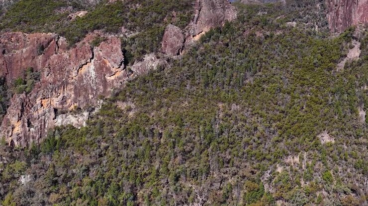 Ripresa aerea dall'alto della formazione rocciosa vulcanica Breadknife nel Parco Nazionale Warrumbungle, Australia