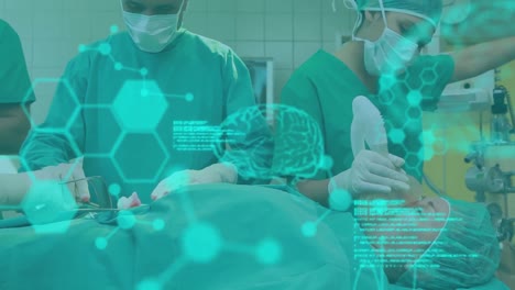 Animation-of-brain-scan-and-medical-data-processing-over-surgeons-operating-on-patient-in-theatre